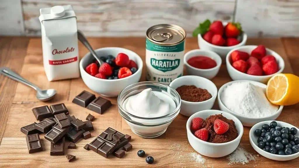 Ingredientes do mousse gelado de chocolate e frutas vermelhas