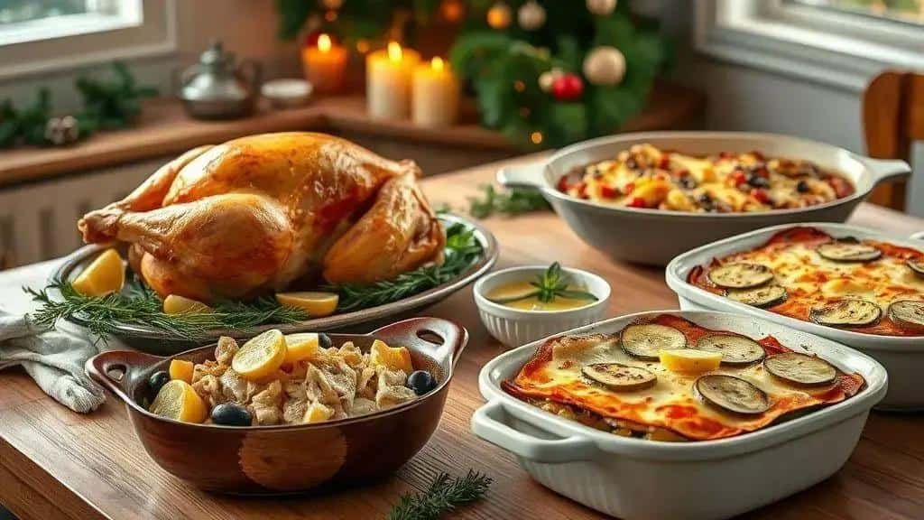 Ingredientes e como preparar os pratos principais (peru, bacalhau e opção vegetariana)