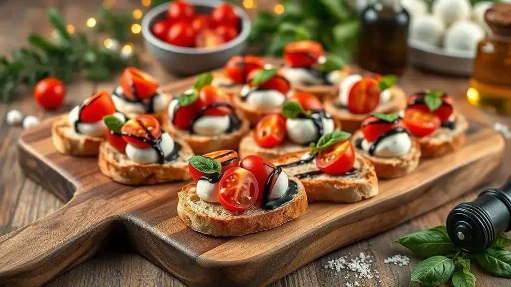 Ingredientes e preparo da bruschetta caprese com redução de balsâmico