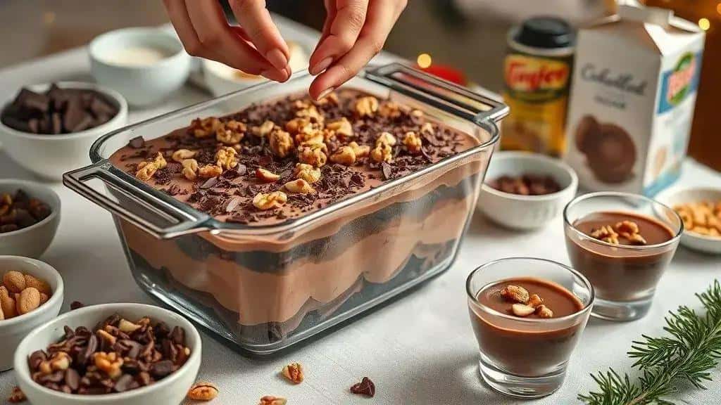 Ingredientes e preparo do pavê de chocolate com castanhas