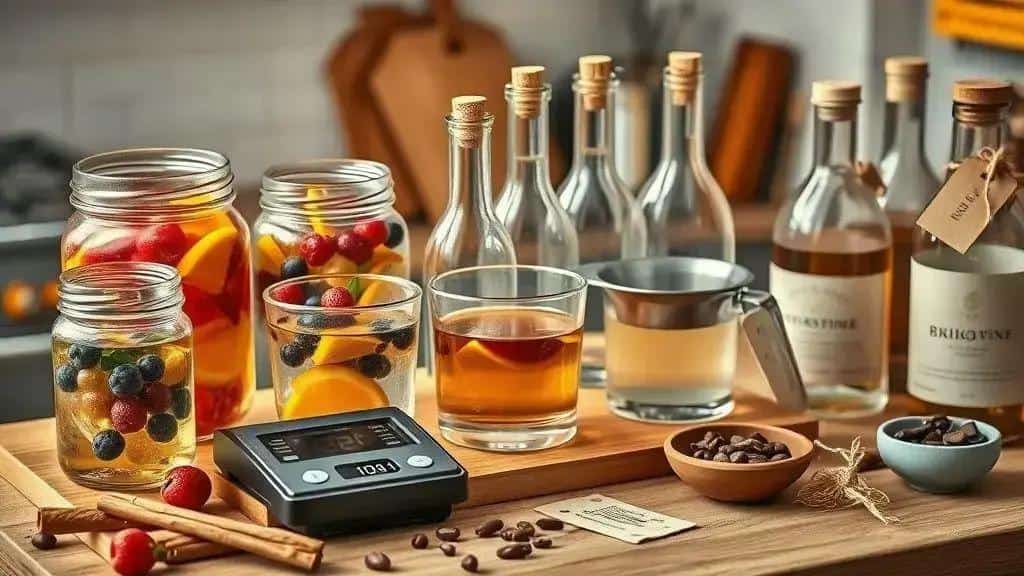 Materiais e ingredientes essenciais para preparar licores