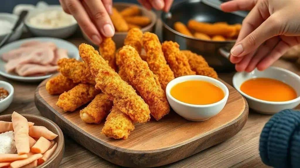 Palitos de frango crocantes com molho especial — ingredientes, como preparar e variações