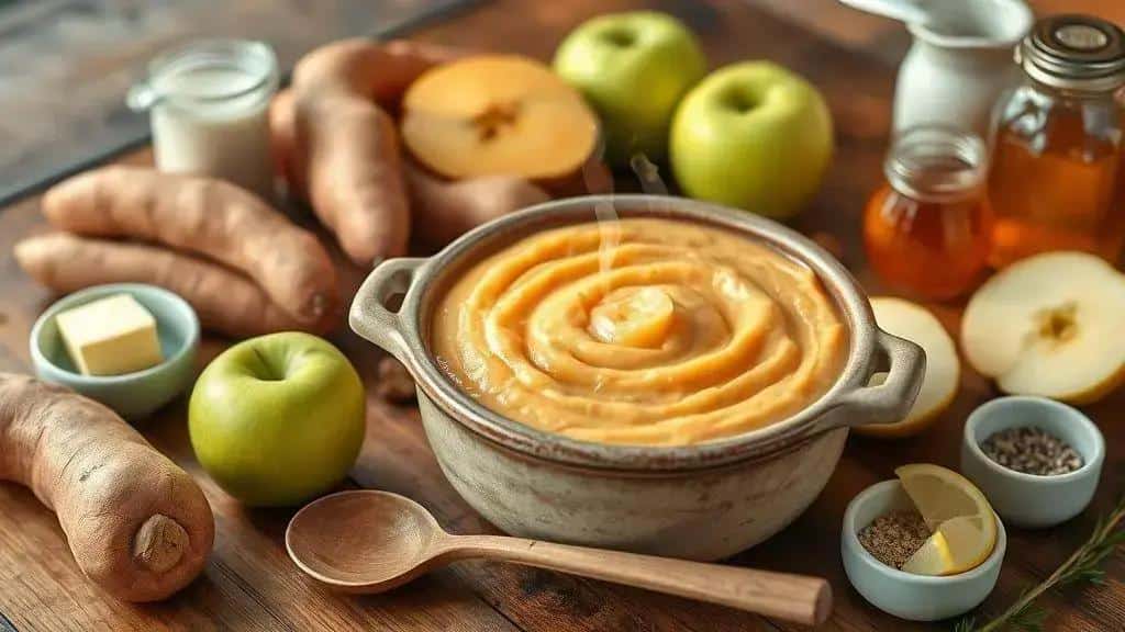 Purê rústico de maçã e batata-doce — ingredientes e preparo Purê rústico de maçã e batata-doce — ingredientes e preparo