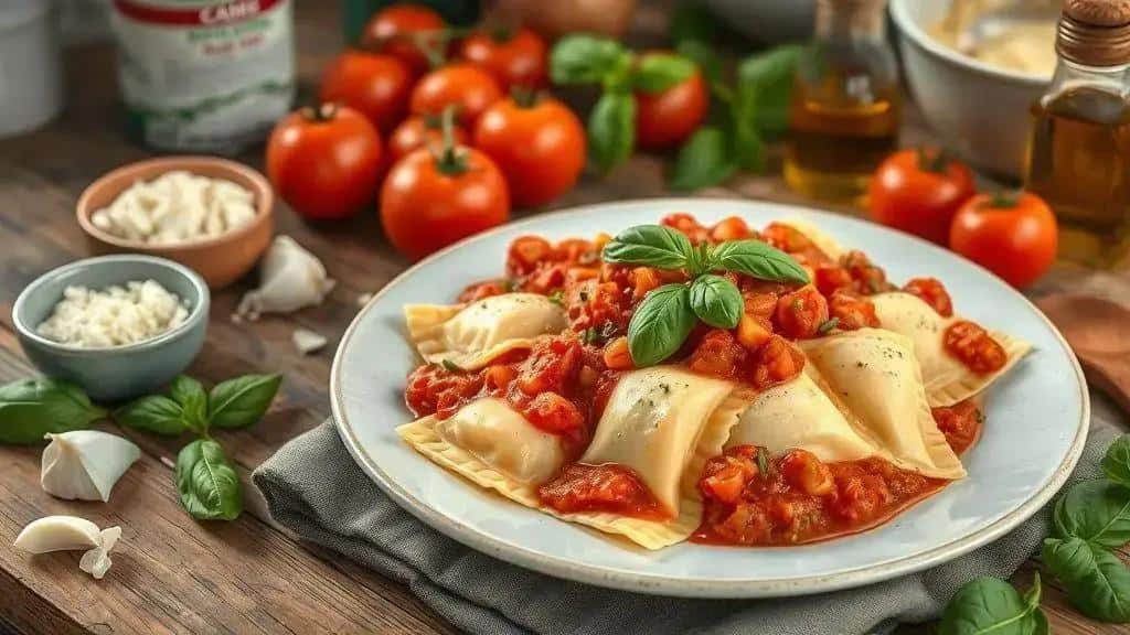 Ravioli de ricota com molho de tomate rústico — ingredientes, preparo e variações