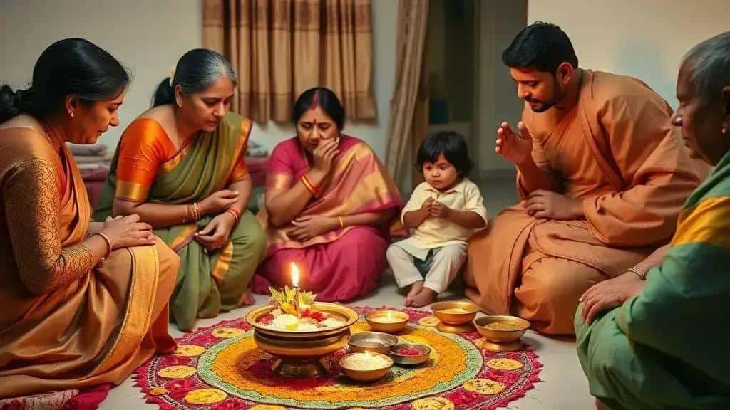Rituais e símbolos: puja, lâmpadas (diyas), rangoli e bênçãos familiares Rituais e símbolos: puja, lâmpadas (diyas), rangoli e bênçãos familiares