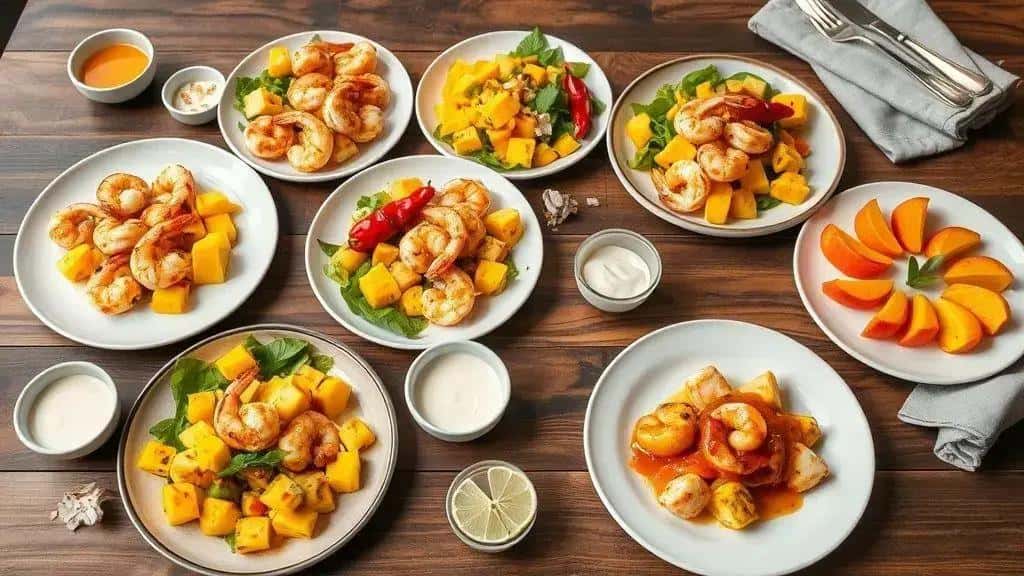 variações da salada tropical de camarão e manga