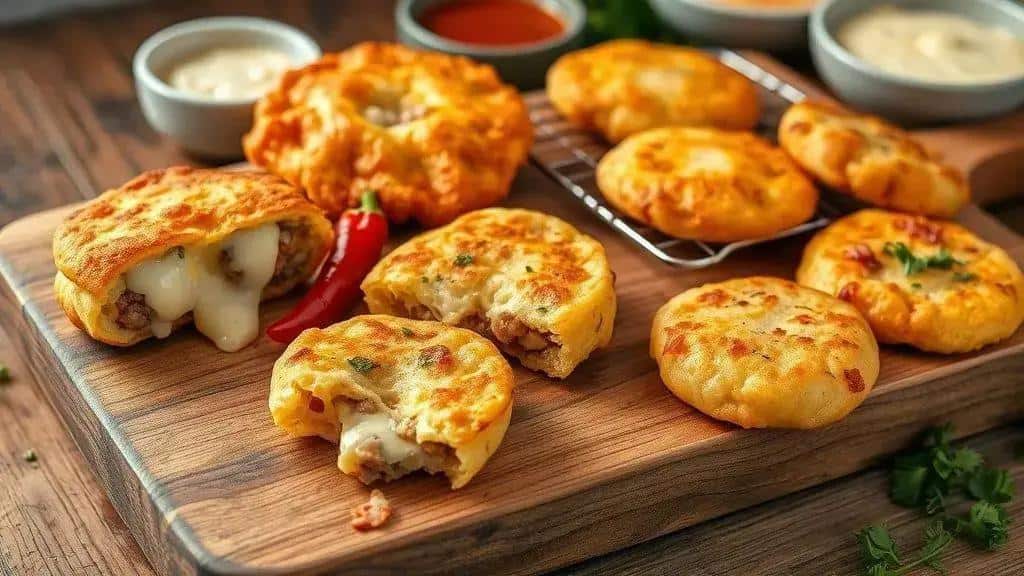 Variações do bolinho de linguiça com queijo derretido Variações do bolinho de linguiça com queijo derretido