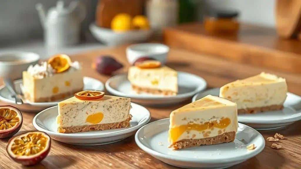 Variações do cheesecake de maracujá gelado (vegana, light e sem glúten)