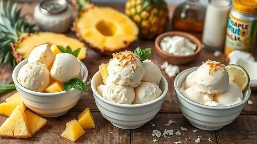 Variações do gelado de abacaxi (vegano, com coco, light)