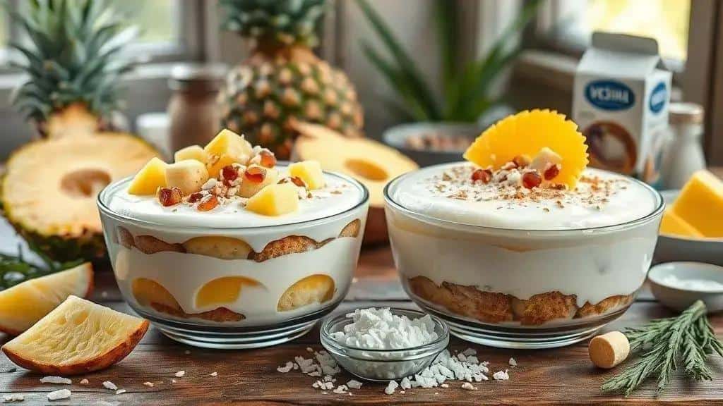 Variações do pavê de coco com abacaxi (versões vegana e diet)