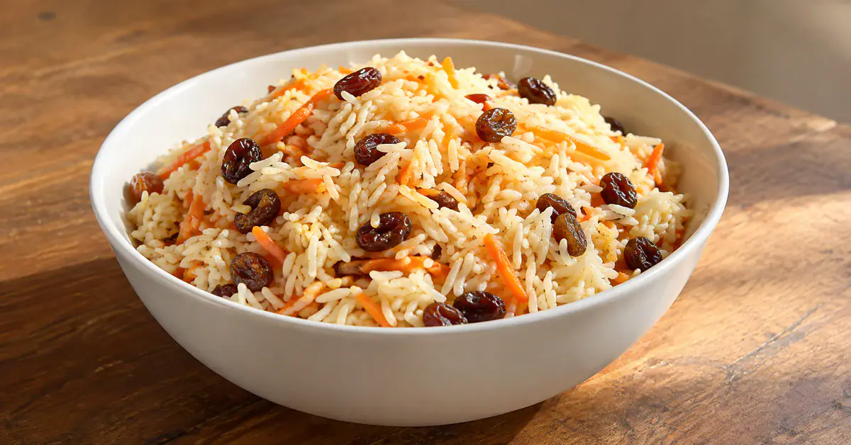 Arroz natalino com cenoura e uvas-passas, grãos soltinhos em uma tigela branca com iluminação suave e fundo discreto